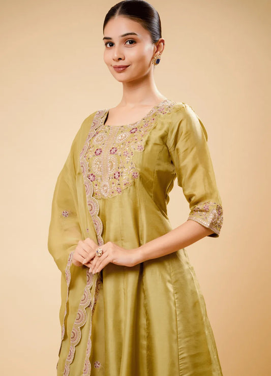 Terrain Green Flared Palazzo Set with Half Circle Border Dupatta