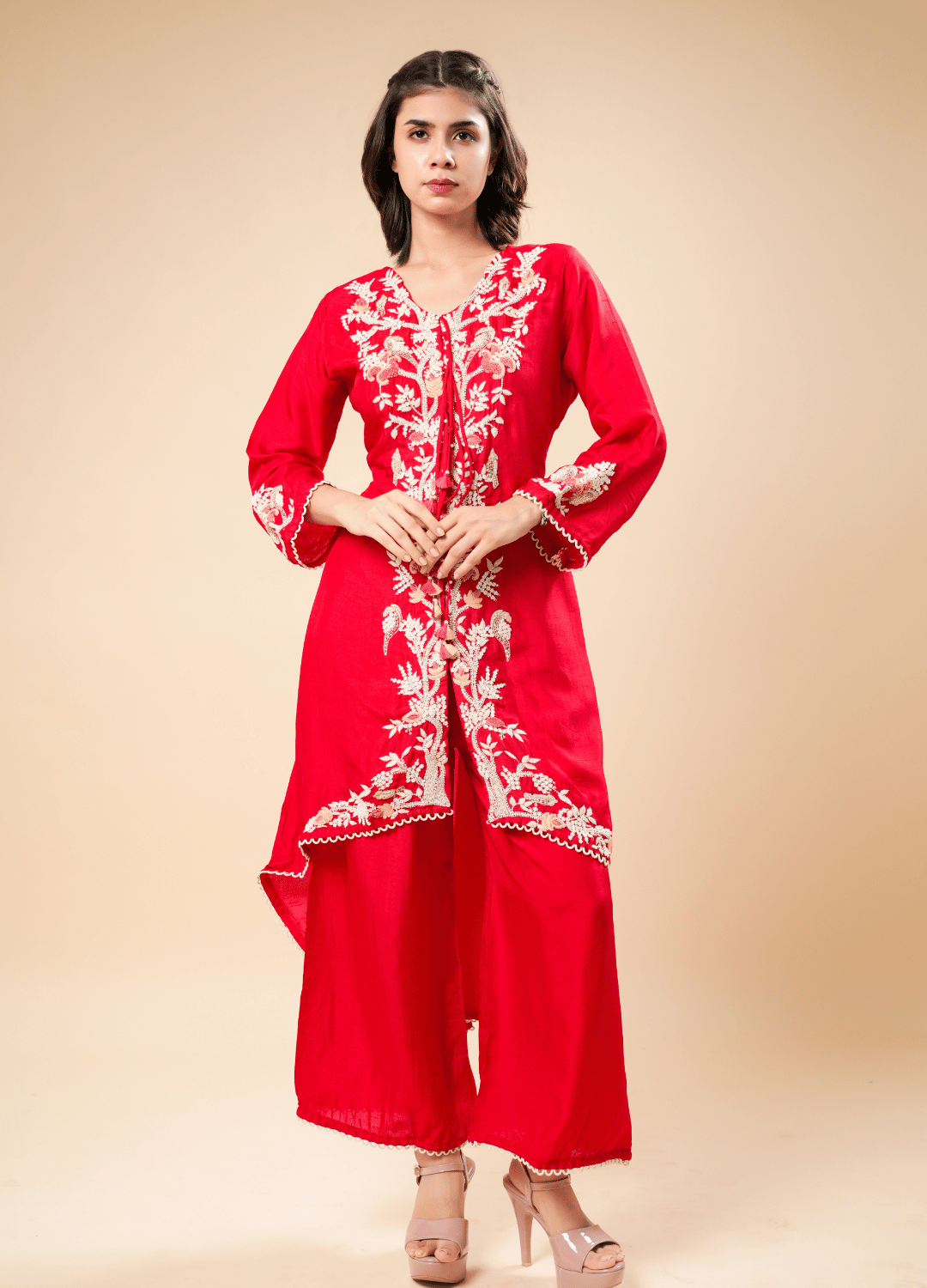 Crimson Red Suit Set with Ivory Embroidery & High-Low Hem