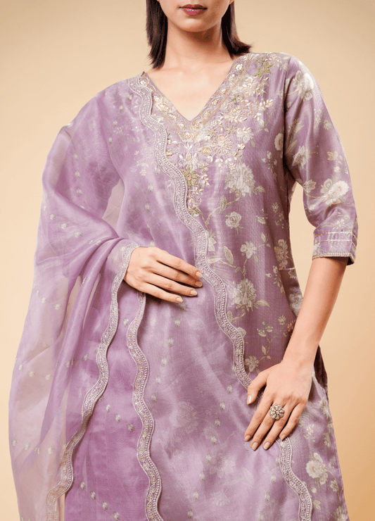 Mauvelous Purple Pant Set with Floral Shimmer Print