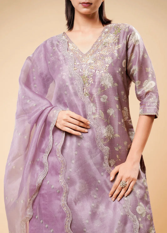 Mauvelous Purple Pant Set with Floral Shimmer Print