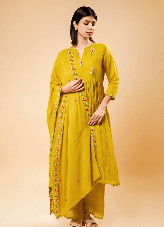 Light Caramel Flared Kurta Set with Hand Moti Patch Work & Dupatta