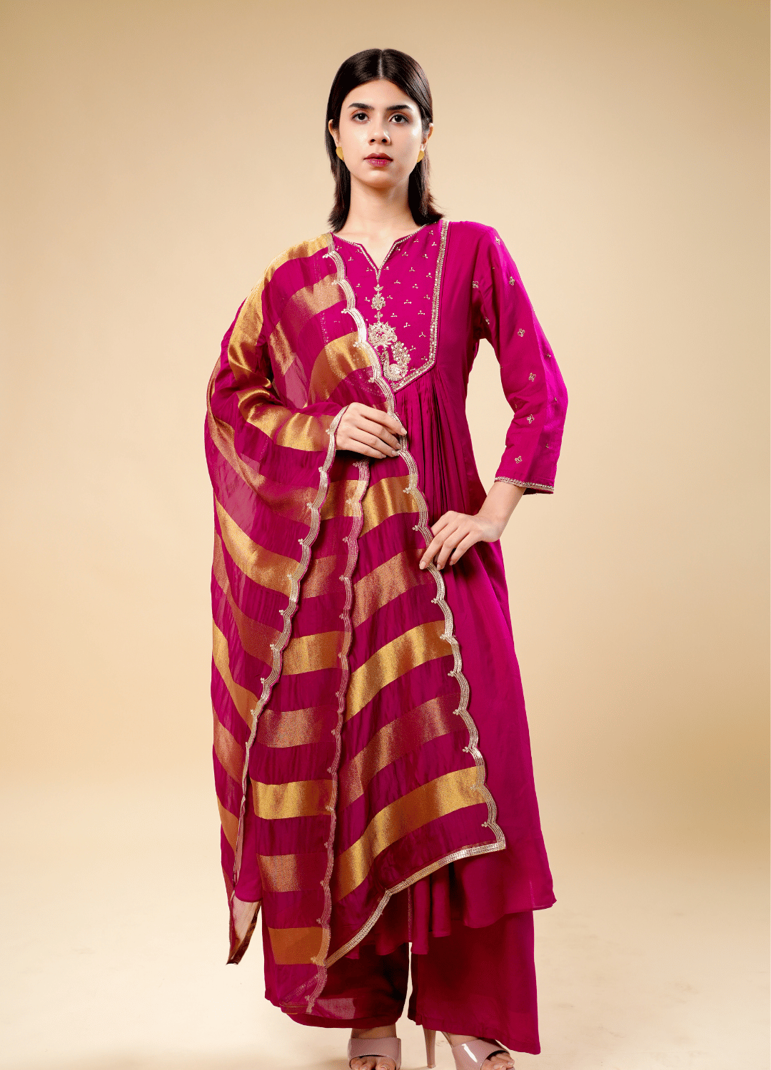 Jardosi Peacock art in cardinal purple palazzo pants with weaving rich dupatta