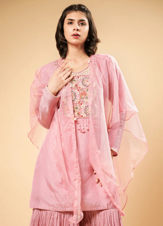 Blush Pink Sharara Set with Designer Organza Shrug