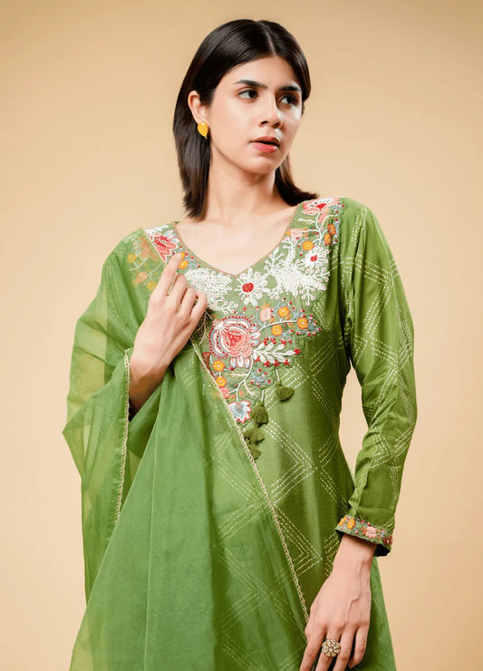 Mehndi Green Embroidered Cotton Kurta Set with Dupatta
