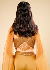 Golden Flared Indo-Western Set with Designer Crop Top & Neck Patch Dupatta