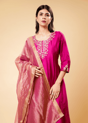 Traditional Shiny Purple Anarkali Set with Leriya Dupatta