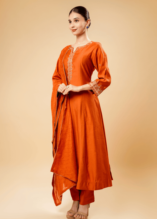 Rust Kurta Pant Set with Embroidery & Dupatta