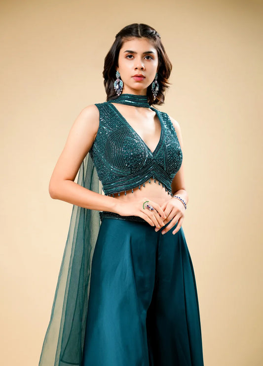 Dark Peacock Green Flared Indo-Western Set with Designer Crop Top & Neck Patch Dupatta