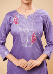 Wisteria Purple Kurta Set with Classy V-Neck & Floral Patch