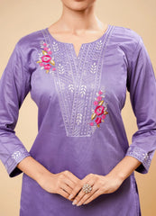 Wisteria Purple Kurta Set with Classy V-Neck & Floral Patch