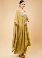 Terrain Green Flared Palazzo Set with Half Circle Border Dupatta