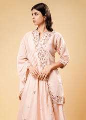 Pastel Pink Kurta Palazzo Set with Embroidered Dhaga Work & Border Dupatta