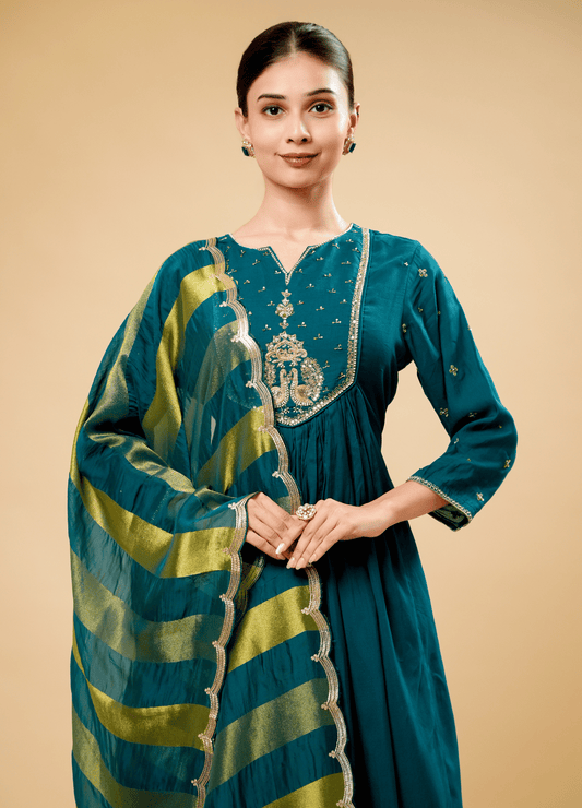Deep Sea Green Kurta Set with Jardosi Peacock Art & Weaving Dupatta