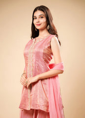 Salmon Blush Pink Peplum Set with Flared Palazzo & Chiffon Dupatta
