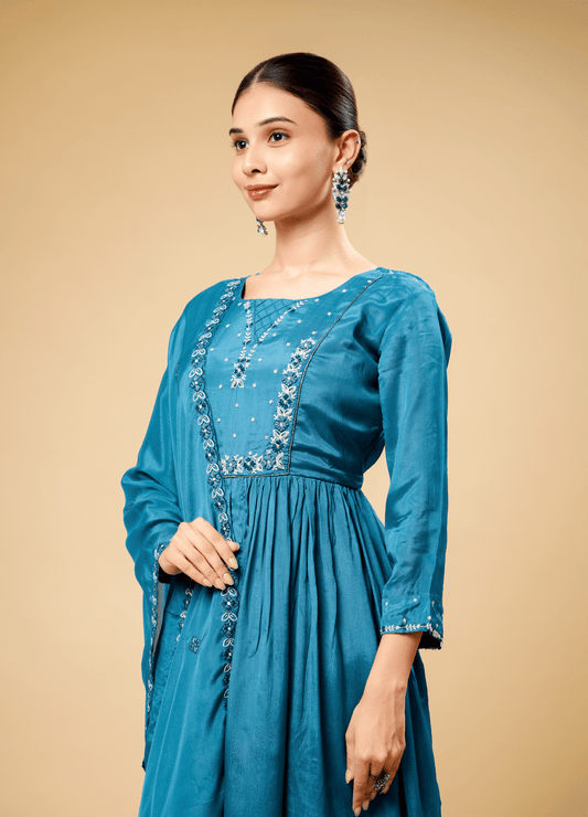 Deep Sea Green Kurta Pant Set with Chiffon Border Dupatta