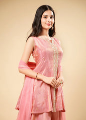 Salmon Blush Pink Peplum Set with Flared Palazzo & Chiffon Dupatta