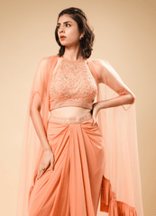 Light Salmon Draped Skirt with Designer Top & Frill Border Stole