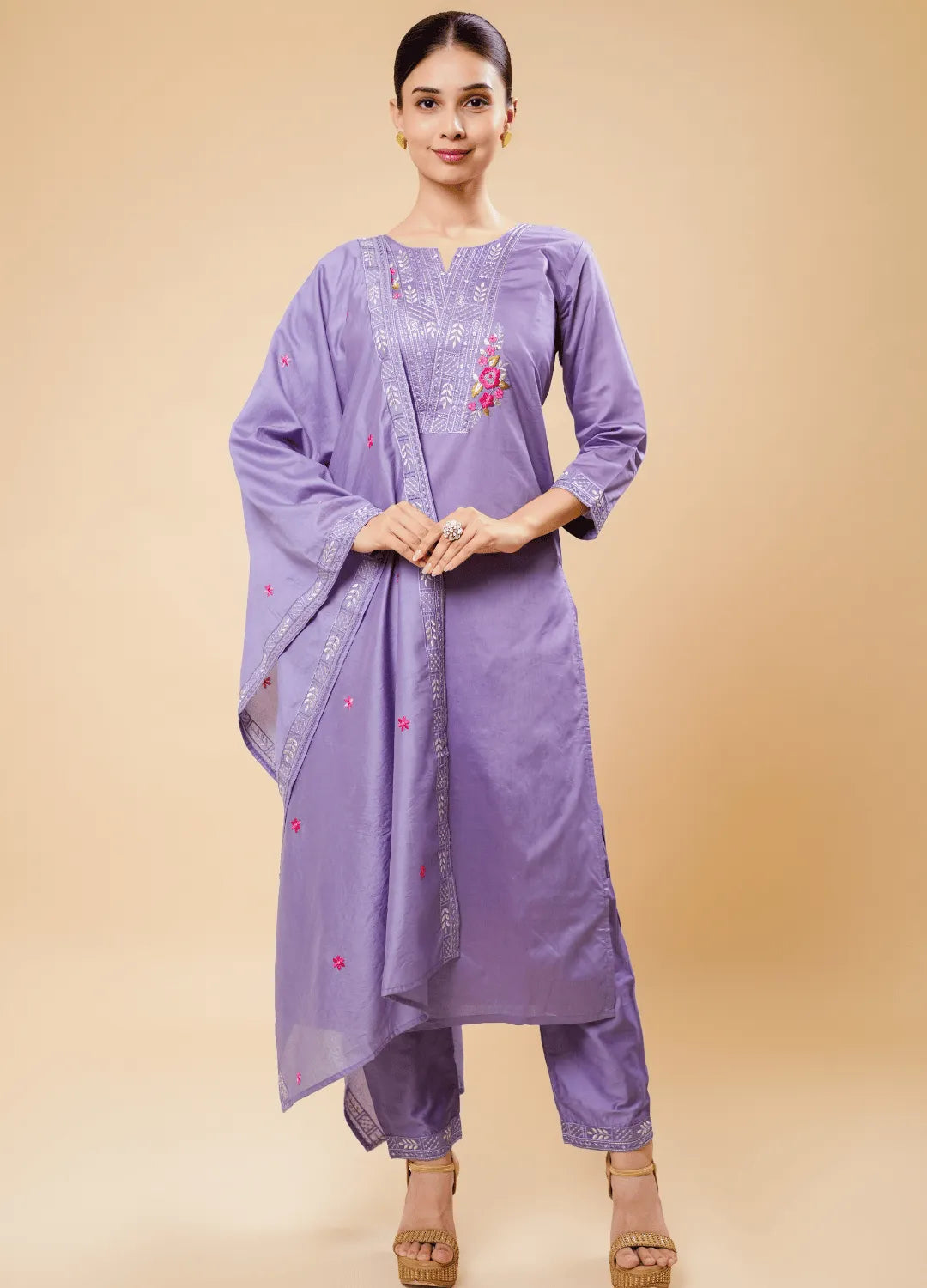 Wisteria Purple Kurta Set with Classy V-Neck & Floral Patch