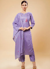 Wisteria Purple Kurta Set with Classy V-Neck & Floral Patch