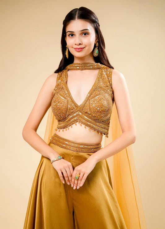 Golden Flared Indo-Western Set with Designer Crop Top & Neck Patch Dupatta
