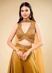 Golden Flared Indo-Western Set with Designer Crop Top & Neck Patch Dupatta