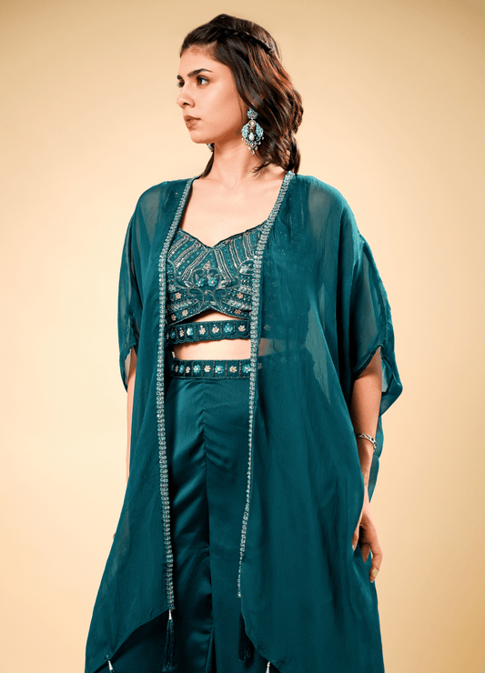 Dark Peacock Green Indo-Western Set with Designer Shrug