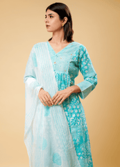Sky Blue Handblock Printed Cotton Kurta Set