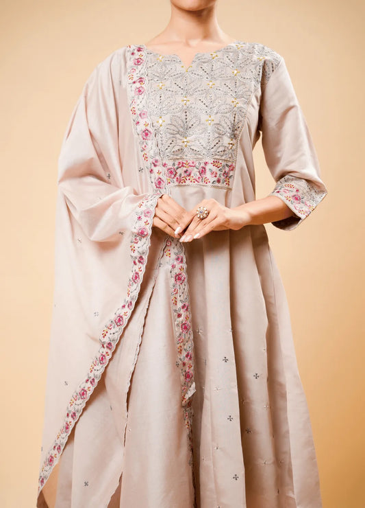 Kilim Beige Flared Kurta Set with Contrast Thread Work & Dupatta