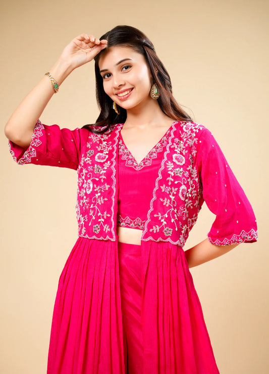 Hot Pink Palazzo Set with Crop Top & Long Shrug