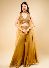 Golden Flared Indo-Western Set with Designer Crop Top & Neck Patch Dupatta