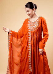 Amber Orange Anarkali Set with Embroidery & Dupatta