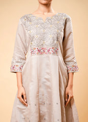 Kilim Beige Flared Kurta Set with Contrast Thread Work & Dupatta