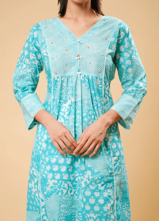 Sky Blue Handblock Printed Cotton Kurta Set