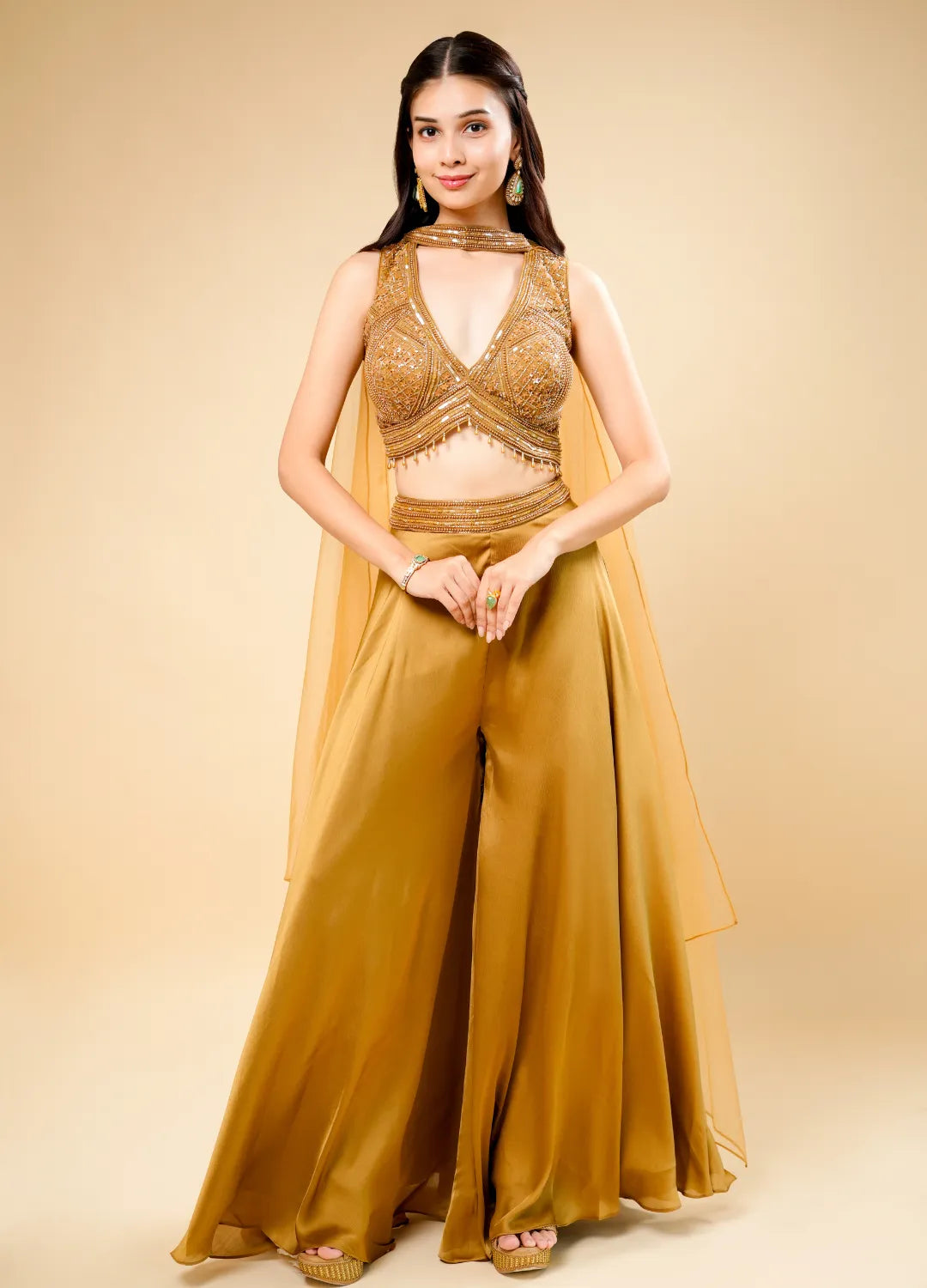 Golden Flared Indo-Western Set with Designer Crop Top & Neck Patch Dupatta Western Parevdi Designer